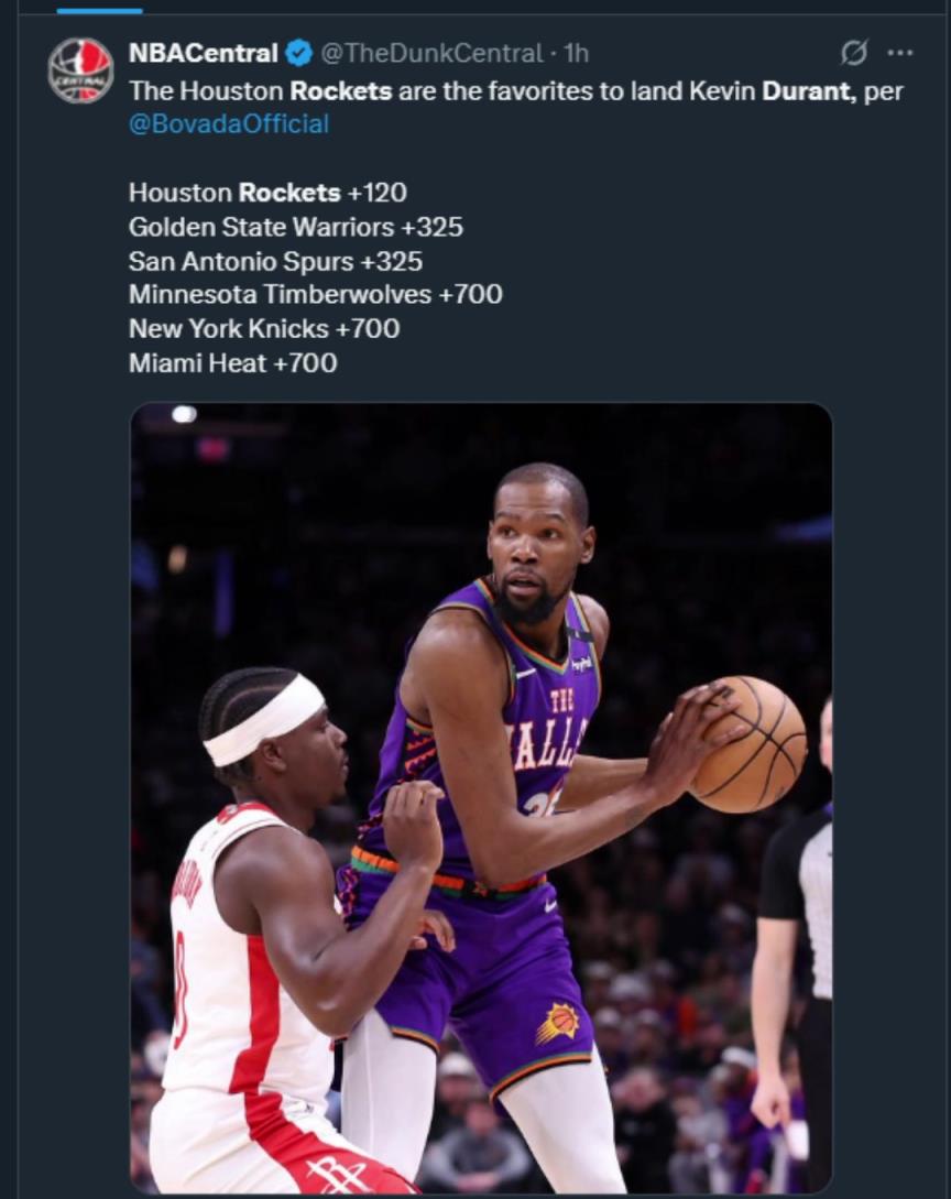 難道說？美媒曬杜蘭特下家賠率，火箭大幅度領(lǐng)跑！